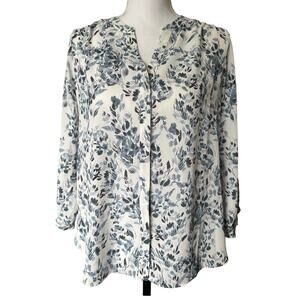 NYDJ Pintuck  Floral Sheer Long Sleeve Blue and WHite‎ Blouse sz XS oversized